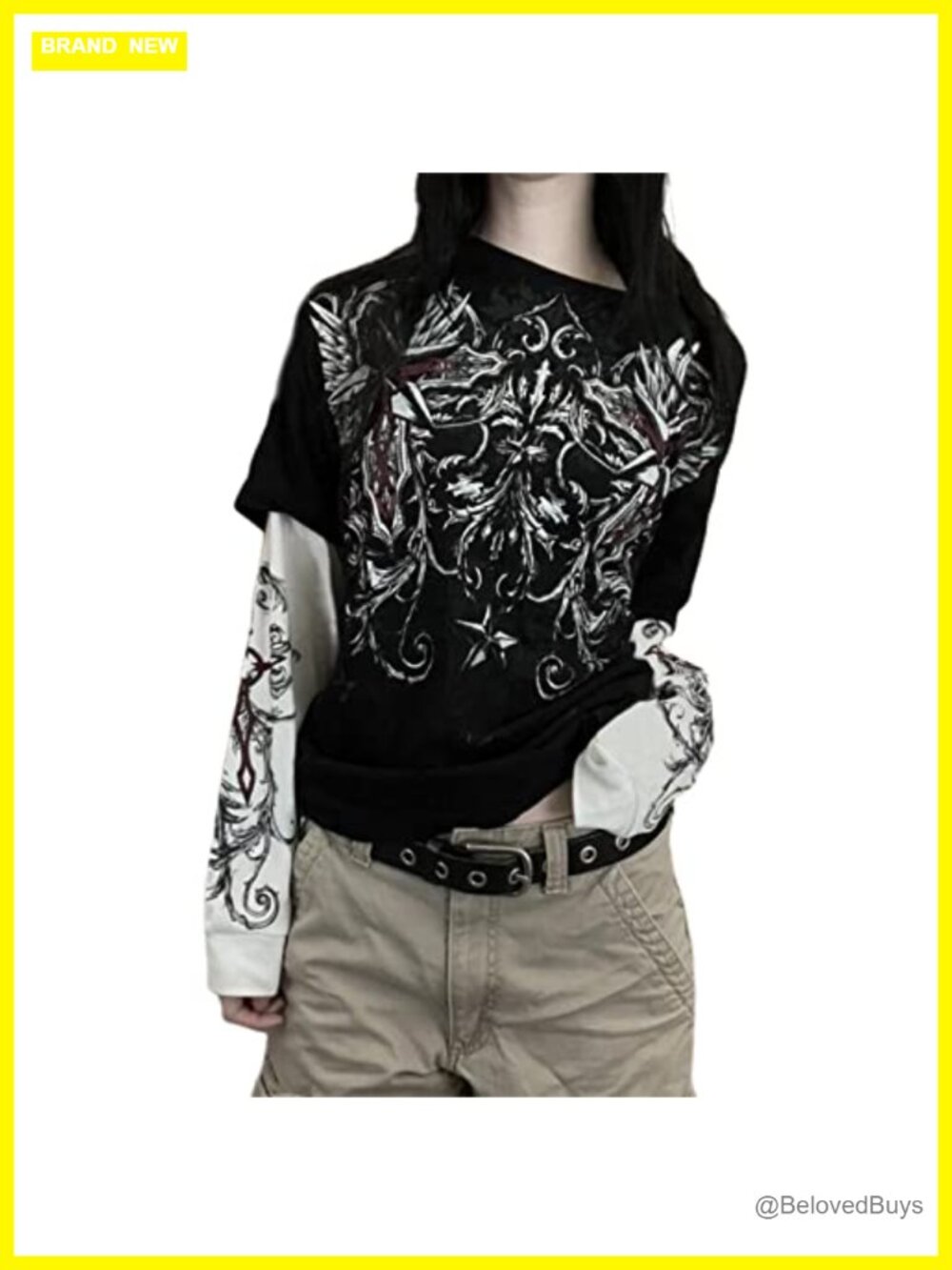 Women Y2K Grunge Skull Print Long Sleeve Round Neck Crop Top Tee